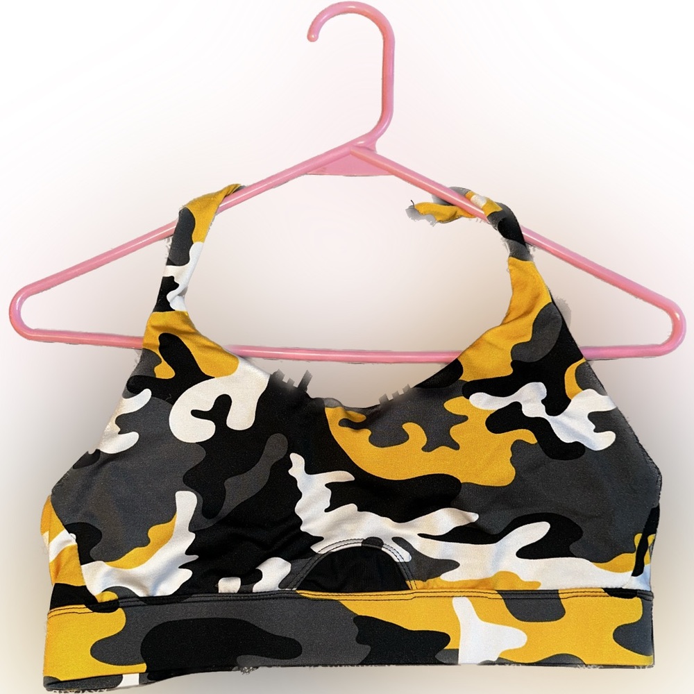 Yellow camouflage cross cross back sports bra
